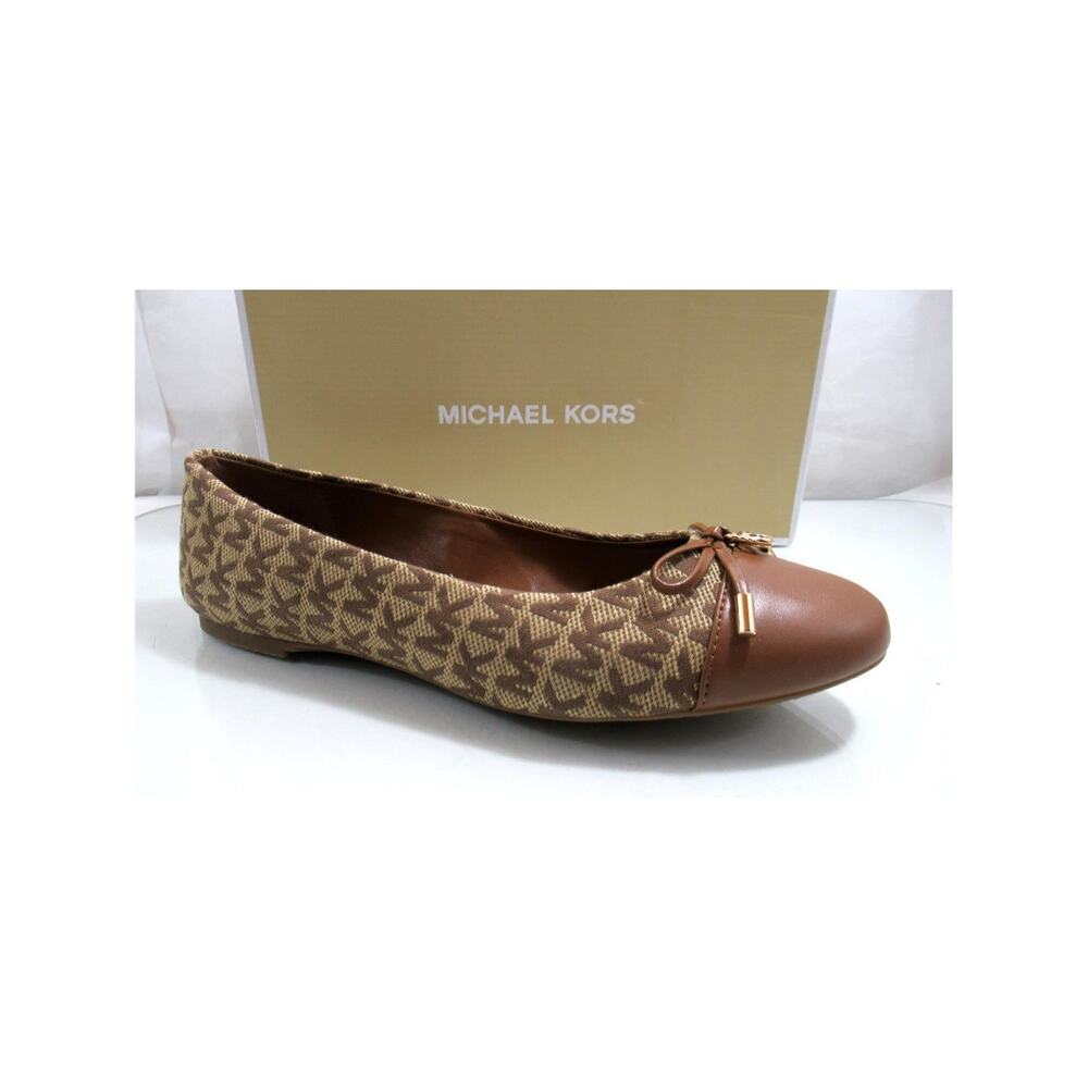 Michael Kors Melody Toe Cap Bow Ballet Flat Shoes MK Logo Beige / Ebony Size 8